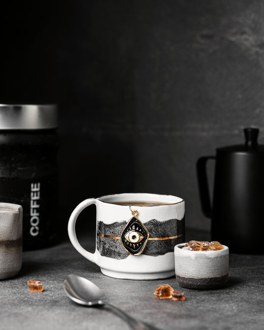 Devil Evil Eye Siyah Nazar Boncuğu Charmlı Elyapımı Porselen Kahve Latte Çay Fincan Kupa Bardak