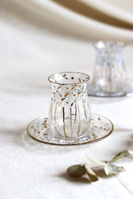 Bahar Dalı Elboyama 24K Altın işlemeli ince belli Çay bardağı ve tabağı